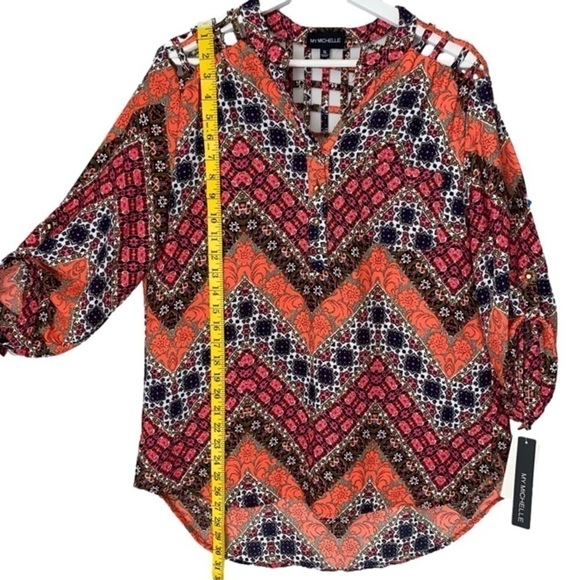 MY MICHELLE Tunic High Low Lattice Detail Orange Black Pink Women Size XL NWT - Picture 7 of 14